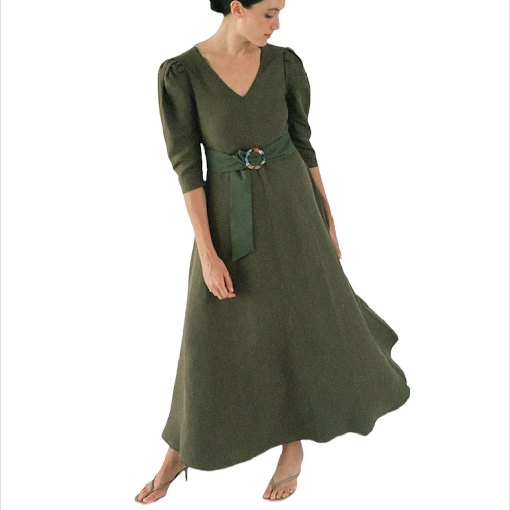 Linen Midi Dress NORTE V-neck Puff Sleeves Olive Green Sustainable Womens Medium